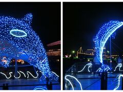 楽しみにしていた花火！ガーデンふ頭臨港緑園に向かいます
名古屋港水族館前のクジラとイルカ☆

残念な事に
はじまる前に雨が降りだしてレインコートを着ての鑑賞f^_^;
写真は１枚も撮れず

でも、とっても綺麗でした(*^^*)

Merry  Christmas☆*:.｡. o(≧▽≦)o .｡.:*☆