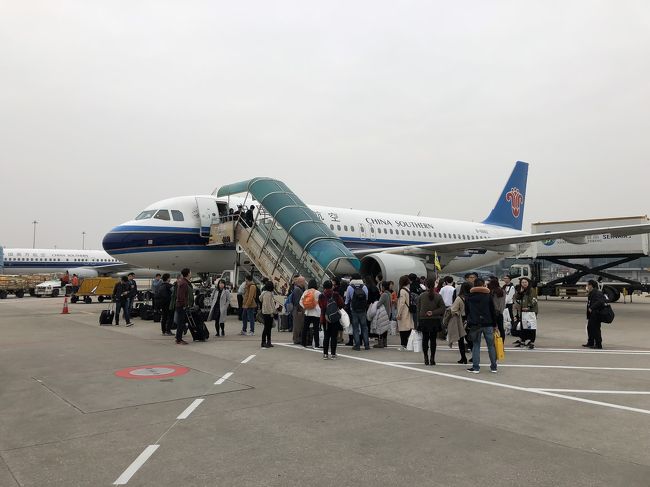 先ずはセントレアから上海に向かいます。<br />機内食で［ジャパニーズ］と頼むと納豆が付いてきて機内が納豆の匂いで充満(笑)<br /><br />他の方の書込みを見ると広州で入国審査とありましたが上海で入国審査が有りました。<br /><br />上海で降りると係員がボードを持っているのですぐにわかります。<br /><br />入国審査が終わると国内線の方から同じ便に乗ります。<br /><br />写真は広州に着いてからですが此処で<br />【from Nagoya.】と呼ぶのでそちらに並びます。<br />バスは国内線の方に向かうので乗ってはいけません。