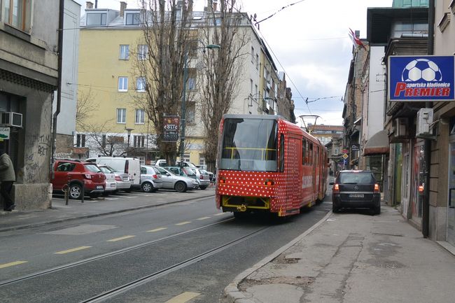 赤にドット柄がいちごみたいなトラム。