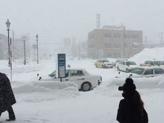 余市に到着。この正面に、目的地のニッカウヰスキー工場が、あるはずだけど吹雪いててなんにも見えないorz