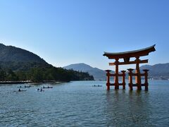 海にたたずむ大鳥居が見えてきました。

岸からは結構離れていますがとても大きい。感動です！