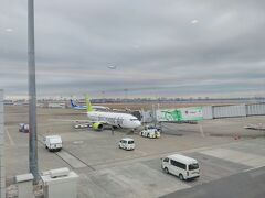 羽田空港、昼前の出発。雪はもうありませんが曇り空。