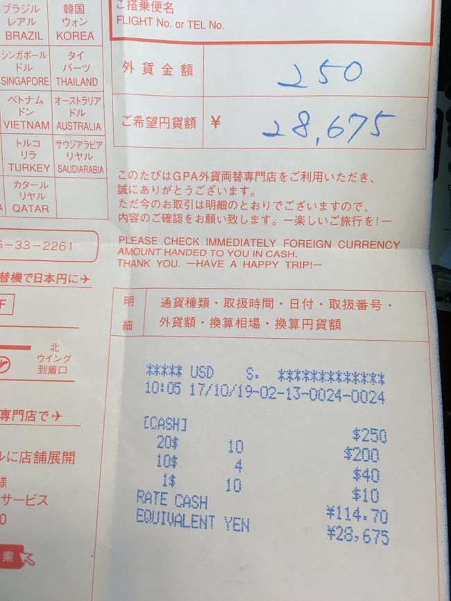 クレジットカードをメインに使用するので、<br />現金はこれだけ両替。<br />1＄114.70<br />チップや少額のコンビニなどで使用です。