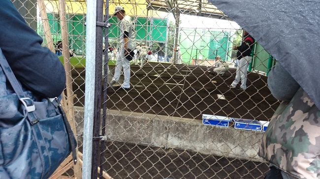 ブルペンに行ってみる。ここしか行くところがないためか人が多く、傘の合間から覗き見る感じ。