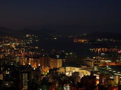 世界三大夜景の一つ、長崎の夜景。このために高台のホテルを予約しました。
しかし、まさかの積雪。ホテルまでは急坂の上、駐車場に入る坂が半端な傾斜ではないので、とても心配しました。ホテルに電話しても、凍結すると登れないかもという返事。
冬の季節に長崎の高台に宿をとるということは、こういうリスクがあるのだなと痛感しました。
手前の白く明るい場所が長崎駅です。
夜景がきれいなホテルの筈でしたが、稲佐山方面は目の前に巨木があって視界を遮り、韓国からの１００人を超える団体で騒然とし、食べ放題のカニは身がスカスカ。
もう利用することはないでしょう。
