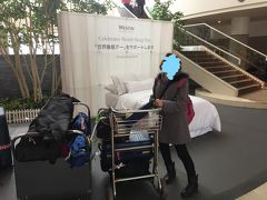 バスがホテルに着くと、すぐに係の人がカートを押してのせてくれます。
たくさんあるので、助かりました。＾＾；
チェックインの手続きを待っていると、私の横に来たフロント係の人が、「お待ちしておりました。〇〇様」と名前で呼ばれ…？ちょっとびっくり。
スキーツアーで申し込んだのですが、母の傘寿のお祝いのメッセージカードを部屋に置いてもらえないかと直接、ウェスティンにお願いのメールを送っていて、喜んでさせていただきますとお返事をいただいていたのでした。