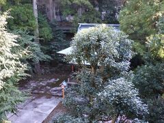 温泉の神様が祀られている熊野神社。
後方の白い洋館はアイリー館。本館よりも古い明治17年（1884年）竣工。現存する最古の建物。現在は宿泊施設としては使用されていない。
