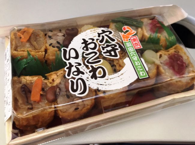 今回は昼便なのと３時間弱乗るので久しぶりにお昼は空弁です。<br />（今回はひとり旅じゃないので堂々と広げられます）<br /><br />おいなりさんが好きなのでこの「穴守おこわいなり」を買う率が高いです。<br />おこわなので小さく見えてお腹に溜まりますし味も色々楽しめます。<br /><br />夫は「ヨシカミのカツサンド」<br />けっこうふんわりしていてこちらも美味しかったです。