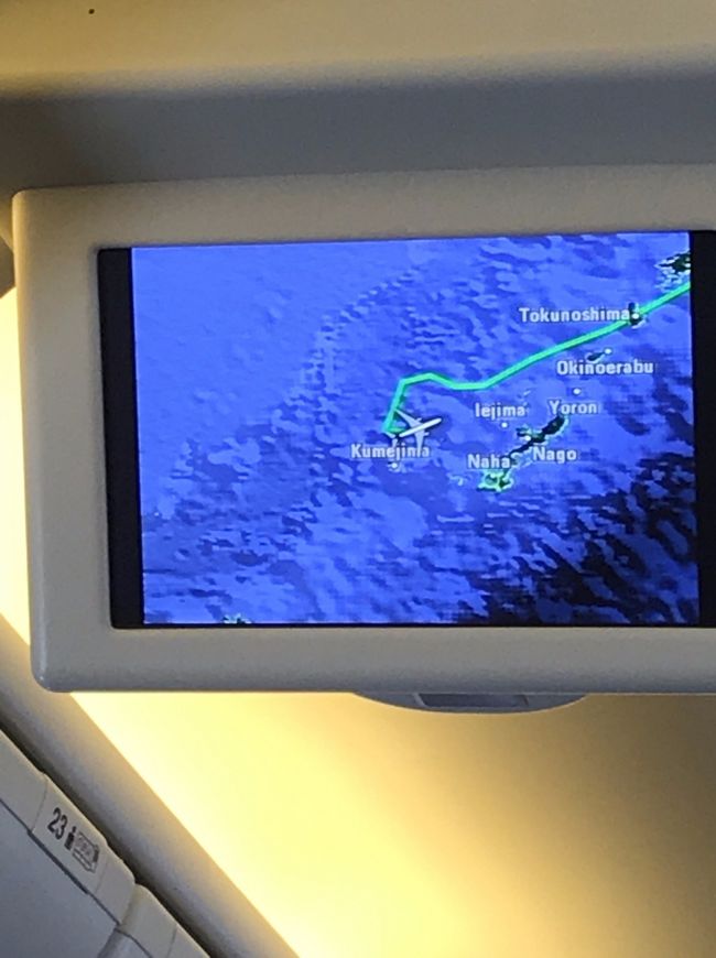 14：20に那覇空港に着陸する予定でしたが途中からアナウンス、<br />どうやら那覇に低気圧通過の嵐が来ていて着陸待ちということ。<br /><br />羽田はあんなに晴れていたのに！<br />それにしても着陸できないほどの暴風って、、<br /><br />モニターは那覇空港の周りを1時間近くグルグルと旋回し、<br />着陸しようとするも風が強くて再び上昇。<br /><br />なんとか2時間遅れで那覇空港に到着しました。<br />なかなか貴重な体験！