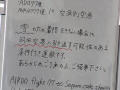 1時間前の結果発表

飛行機はとりあえず飛ぶようです
羽田引き返しの条件付き運航
なんとも微妙な

飛んだあとの状況は・・・

着陸態勢に入ると大揺れ
風にあおられているのがすごくわかる
で、結局着陸できずゴーアラウンド（人生初）
2度目の挑戦で着陸
何とか無事北の大地に来られました
ん～、ゴーアラウンドは生きた心地がしない
でも、パイロットに感謝
