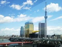 スカイツリー と 隅田川 と
アサヒビールタワー(通称 うんこビル で通ってます)
フランスの著名なデザイナー、フィリップ・スタルクさんが燃え盛る炎をデザインした 正式名称「フラムドール（フランス語で金の炎）」。全長は44メートル、重さは360トンもあるそうです。
遠くに向島の桜(まだ二分咲き)