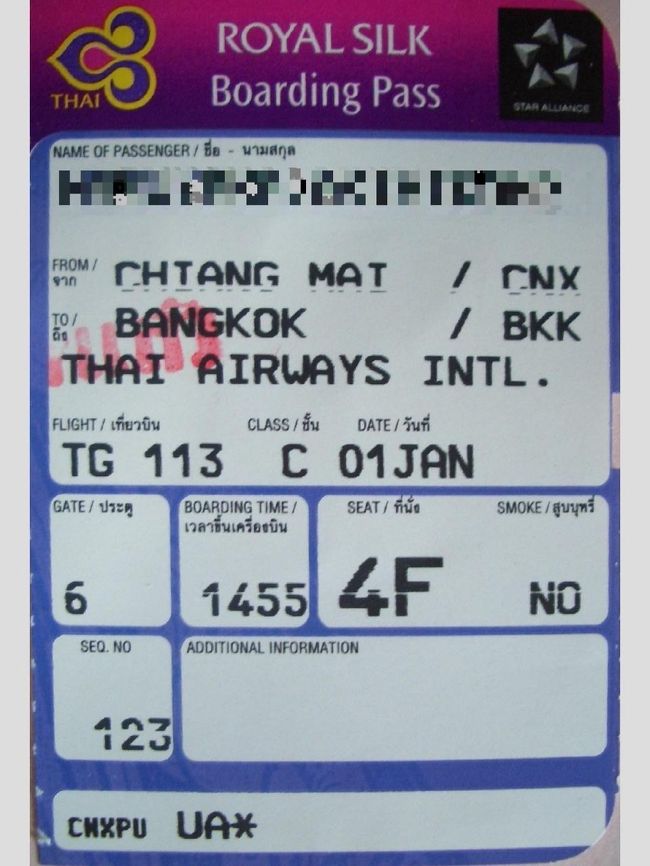 TG113便の搭乗券（半券）