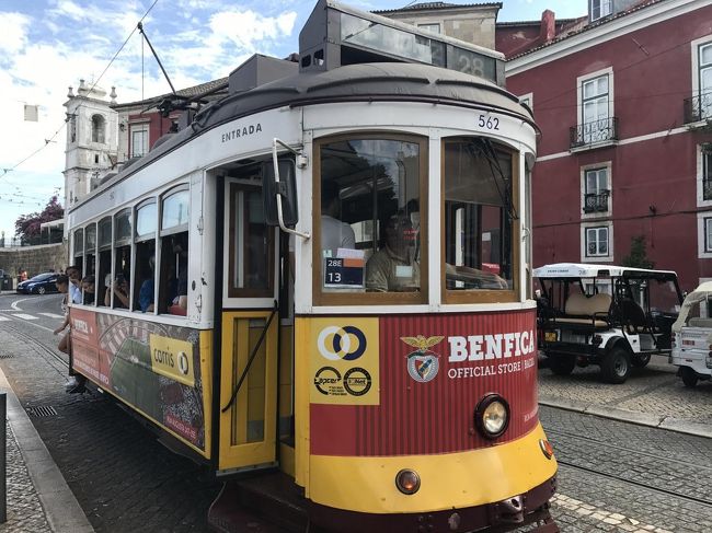 路面電車で登ってこれることを登ってから知り、帰りは疲れたのでこちらに乗って帰ることにしました。<br />写真の路面電車のデザインは地元で人気のフットボールクラブ、ベンフィカSC仕様です。