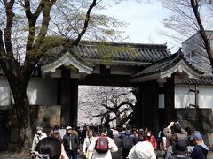 田安門の高麗門を内側から撮影、門の向こうは桜色。