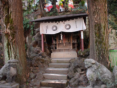 坂を下り切り、正面の神門から境内へ。
鳥居の右手にもう一つ鳥居があるので、まずはそちらに向かう。
水が枯れた滝の脇にあったのが、市杵島神社。
水の神である市杵嶋姫命を祀る社だが、この場所は、江戸時代には水源だったそうなので、この神社があるのだろう。