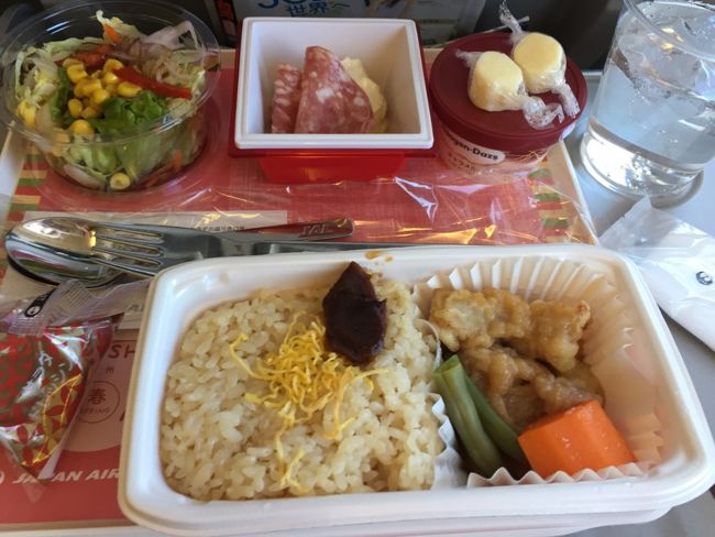 機内食。ラウンジで食べてからそんな時間たってないけど目の前に出されると食べられるもんねぇ。。