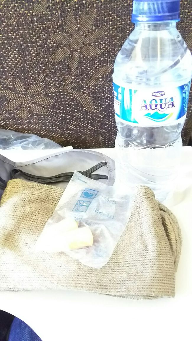 予定通りに登場開始。<br /><br />お馴染みのお水が嬉しいです。<br /><br />グッズはアイマスク、靴下、耳栓。<br />お役立ちグッズですね。