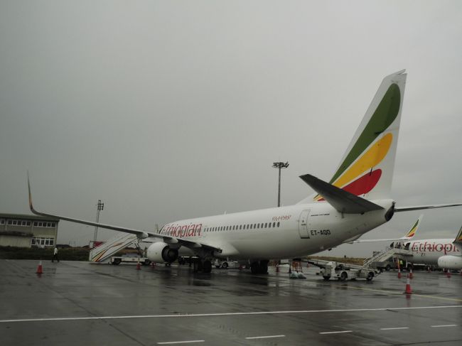 ４月２０日　成田２０時30分発　エチオピア航空ET673 にて、香港経由アジスアベバへ。アジスアベバは小雨模様、ここで写真のET853便に乗り継ぎます。<br /><br />４月２１日１３時４０分マダガスカルの首都アンタナナリヴに到着。<br />乗り継の時間も含めると、成田から２２時間余りかかりました。<br /><br />今年の1月に、同じエチオピア航空のアジスアベバ便に乗りましたが、その時は香港から満席状態でしたが、今回は6割くらいの搭乗率で比較的楽な長距離フライトでした。