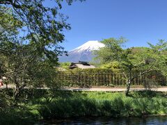 歩いていると、緑の合間から富士山が見えます。きれい！