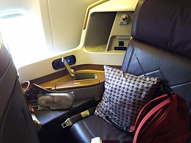 ファーストとビジネスクラスは前方のドアから乗りますが、初めての機材だったので通り過ぎてエコ席まで行ってしまいました(≧▽≦)<br />ファーストと間違えたビジネスシート。<br />使いこなせなかった気がします。<br />