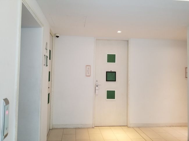 廊下です。<br /><br />正面は部屋のドア。<br /><br />左の窪んでいるところはエレベーター。