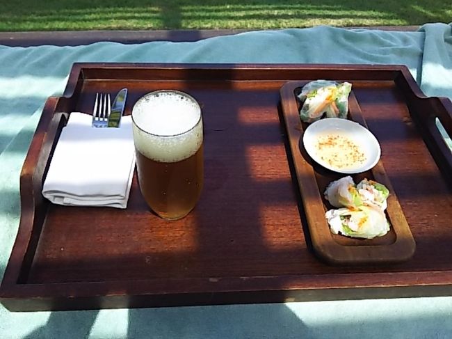 小腹が空いたのでビンタンと春巻き。<br />ビーチに来て３時間くらい経ち<br />あまりの暇さにバリコレクションに行くことに。<br />リッツカールトンバリからシャトルバスが出ているので安全にタダで行けます。<br />部屋に戻って準備してロビーに向かいましたが、<br />ロビーへのエレベーターにたどり着けなくてバスの時間が過ぎていき、一旦部屋で待機して夕方のシャトルバスでバリコレクションに行きました。<br />若干のお土産と両替が目的です。<br />両替は、小銭が欲しかったのに大きなお札しか貰えませんでした。