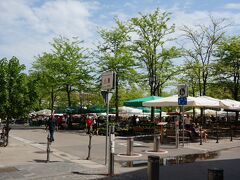 広場では朝市が開催中でした。緑が気持ちいい！