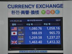 　ソウル駅2階の銀行両替所のレートです。
　100円＝965.73ウォン、地下の銀行よりも少し悪いです。
　