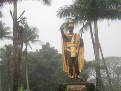 ワイロア州立公園にあるカメハメハ大王像。あまりの土砂降りに車の中から写真を撮るにとどめました。

カメハメハ大王像はアメリカに４体あると言われています。
１体目はハワイ島の北部カメハメハ大王生誕地に近いカパアウ。（この２日後に訪れます）
→船と共に沈没して引き上げられたという逸話がありますが、その話はまたいずれ。
２体目はオアフ島のホノルル。
３体目はワシントンＤ．Ｃ。
４体目がこちらヒロですが１体目２体目とは型が違っています。（３体目は見たことないので）