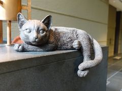 一旦、ホテルに引き返して着替えます。

ザ・セレスティン京都祇園のフロントにいる猫ちゃん（の置物）。