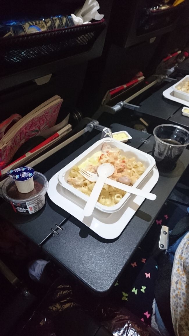 ふう、危なかった～。。<br />機内にはいったあと、<br />すぐに出発するかと思いきや、<br />結局30分くらいドア空いてたし…。<br />なんだったんだろう？<br />離陸してシートベルトサインが消えるとすぐ、<br />キッズミールがでてきました。<br />またまたグラタン、<br />さすがに子供達は飽きたみたいです。