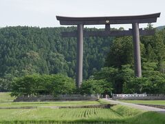 2000年に建てられた日本一の大鳥居です。鋼鉄製（耐候性鋼板）で高33.9ｍ・幅42.0ｍ・柱径2.7ｍ・柱間隔24.5ｍ・172ｔです。本鳥居は現社地の南に約500ｍの旧社地前に聳えています。この奥が旧社地、すなわち大斎原です。