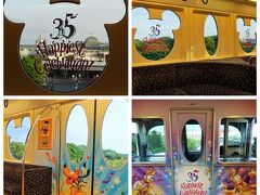 TDR35周年限定デザインの「ハピエストセレブレーション・ライナー」も期間限定で運行中！
車内のデザインもとっても可愛いし、BGMも35周年テーマソングの”Brand New Day”だし、パーク入園前から気分が高まります♪