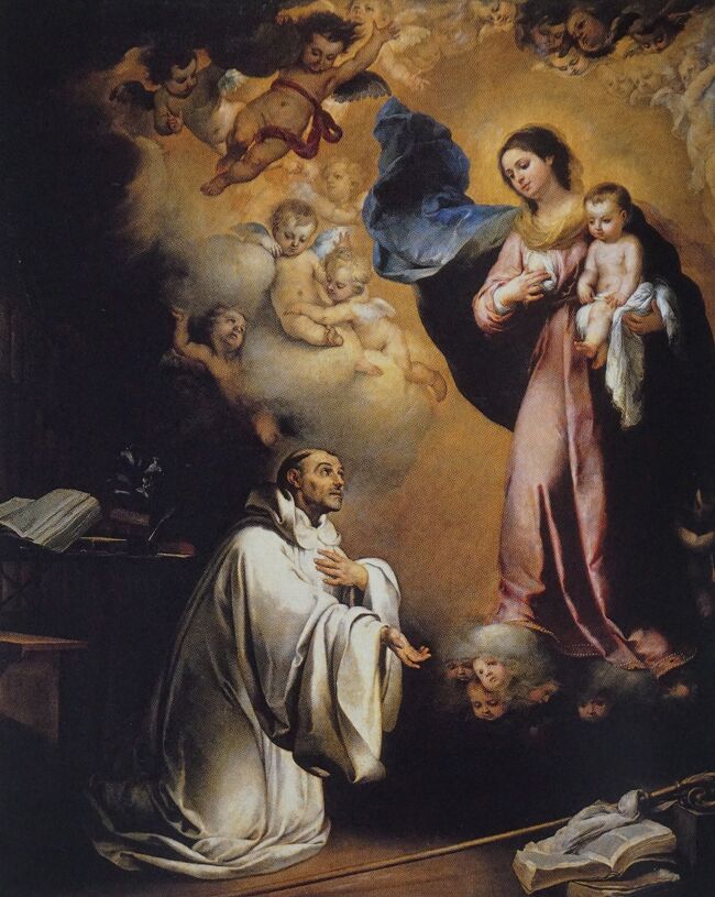 「聖ベルナルドゥスに現れる聖母」バルトロメ・エステバン・ムリーリョ<br />聖ベルナルドゥスはシトー会修道院を設立した12世紀の神学者です。ある日聖堂で聖母マリアの彫像を前に「あなたの母たることをお示しください」と祈りを捧げていると、彫像が動いて乳を聖人の唇に滴らせたと伝えられます。この神秘の授乳の場面は対抗宗教改革期のスペインで好まれ多くの作例が残されました。