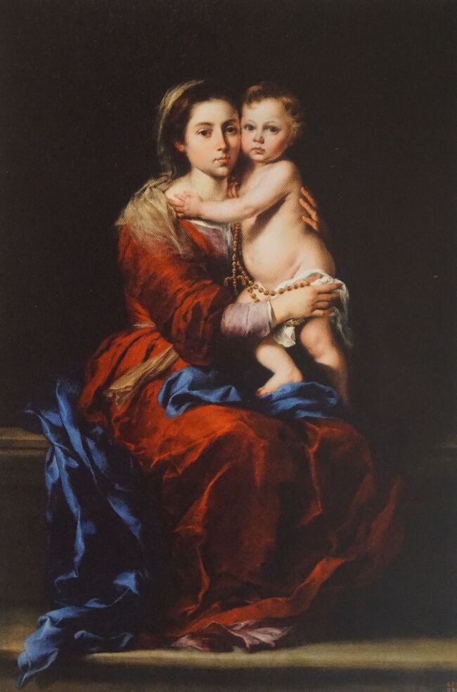 「ロザリオの聖母」バルトロメ・エステバン・ムリーリョ<br />この作品はカルロス4世がエル・エスコリアルの施設のために依頼したものです。ロザリオの祈りは当時流布していたことが分かります。