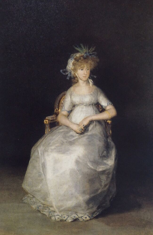 「チンチョン伯爵夫人」フランシスコ・デ・ゴヤ<br />ゴヤが首席宮廷画家に任命された直後に描いた作品で、モデルは宮廷人ドン・ルイスの娘です。ゴヤは彼女がまだ４歳の時に一度描いた事があり、それから17年後に宰相マヌエル・ドゴイの妻となります。彼女は17歳の時にドゴイと政略結婚させられますが、夫は王妃マリア・ルイーサの愛人であり浮気や重婚を繰り返します。ゴヤは子供の頃から彼女の立場や心情をよく理解し同情していたのだと思えます。暗い背景はどこまでも続く闇を感じます。ポーズをとるチンチョン伯爵夫人は悲しみを湛えた顔は美しいのですが心の闇の深さを感じます。