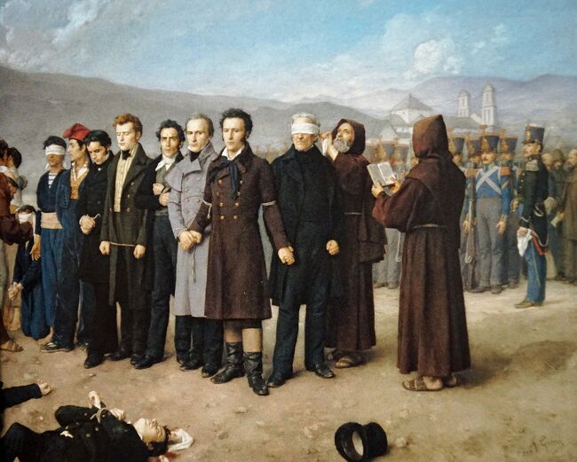 「マラガの海岸におけるトリホスとその同志らの処刑」アントニオ・ヒスベルト<br />情景的にはゴヤの「1808年5月3日の銃殺」を思い出させ、印象に残る作品でした。中央の人物はホセ・マリア・トリホスという国防大臣を務めた人物で、フェリディナンド7世の反動政治が始まってイギリスに亡命します。スペインへ帰国する途中に船は拿捕されマラガの海岸で仲間と共に銃殺されます。