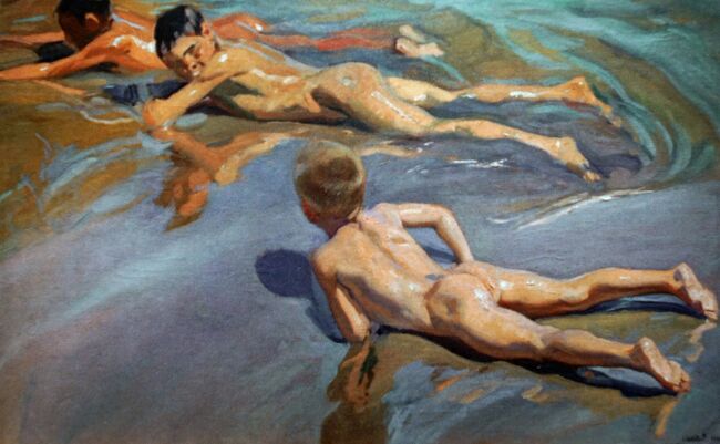 「浜辺の子供たち」ホアキン・ソローリャ<br />ホアキン・ソローリャは19世紀から20世紀にかけて活躍し、2000点以上の作品を残しています。地中海のあふれる陽光をキャンバスに踊らせることでは右に出るものがいないほどで「光の画家」とも呼ばれています。海岸の細かい砂粒と海水の混ざり具合などがさほど細かくないタッチでありながら完璧に描かれています。トレドの「エル・グレコ美術館」にも作品が1枚ありました。「ソローリャ美術館」へも行きたかったのですが、前日からの体調不良で半日分時間が無くなってしまい行けませんでした。