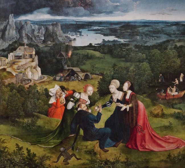 「聖アントニウスの誘惑」ヨアヒム・パティニール<br />人物はクエンティン・マセイスが描いているそうです。当時のフランドルでは風景が得意な画家や花が得意な画家などに分かれ、何人かで合作下絵を残していることが多いです。この絵の背景もパティニールの住んでいたマース川の風景のようです。こんな岩山はこの辺りにはありませんが。