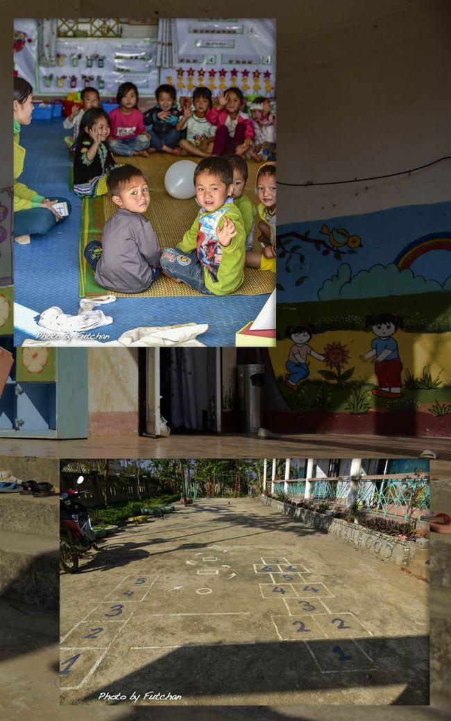 ＜赤モン族の保育園＞<br />小学校の後、皆さんと一緒に保育園を少し覗いて見た。<br />保育の邪魔をしないようにそっとバイバイして帰りました。<br />運動場にはケンパー、ケンパーと思われるゲームのエリアが。<br />　<br />午前中はその後ランテンザオ族のザンマ村、ルー族のバーベー村を訪れる。<br />　
