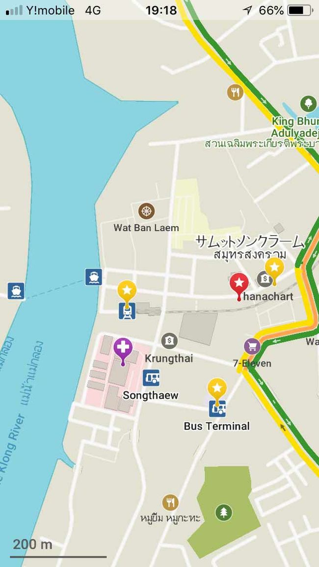 一番下の黄色のポイントはバンコク行のバスターミナル<br />真ん中の黄色のポイントはメークーン駅<br />右の黄色のポイントはアンパワーに行くソンテウ乗り場<br />そして紫色のポイントが訪れた病院です。