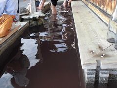 ゆーなび からころ館 足湯 さきわいの湯
赤湯温泉街にもスタート地点が設けられ、その隣には足湯がある。本日は、赤ワインが入れられ、まさに赤湯になっていた。
須藤ぶどう酒からのバスは、30分遅れ。