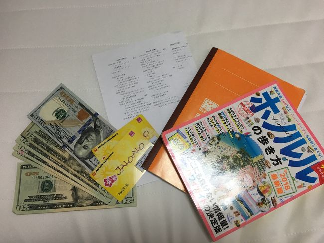 出発直前の準備中です。<br />右からガイドブック、ハワイノート笑、手作りの旅のしおり笑、JALOALOカード。<br />ドルは200ドル分だけ両替しておきました。<br />たしか1ドル110.50円でした。<br />本当はここにあるべきものがまだあるんですが、この時はすっっかり存在を忘れてました。。。うかれてましたね＾＾