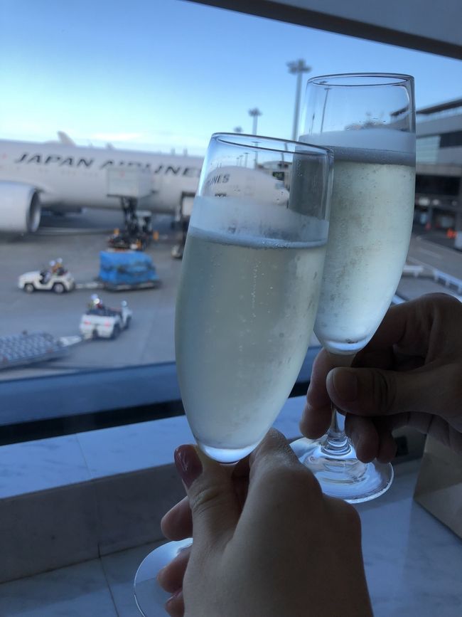 さて、両替してWi-Fi受け取ったら、いよいよ出国。<br />今回奮発して、往路だけプレエコにしたのでサクララウンジが使えるー‼︎<br />夢にまで見たサクララウンジ！ドキドキワクワク‼︎<br />入り口でやたらともたつく庶民二人…。<br /><br />とりあえず、シャンパン？スパークリング？（なんかドギマギしてあんまりちゃんと見れなかった…）をもらってきて、二人でカンパーイ‼︎<br />これ、やってみたかったやつ！<br /><br />乾杯もそこそこに、旦那氏は買ったばかりのGo Proに夢中…。<br />混まないうちにシャワーの予約も済ませました！