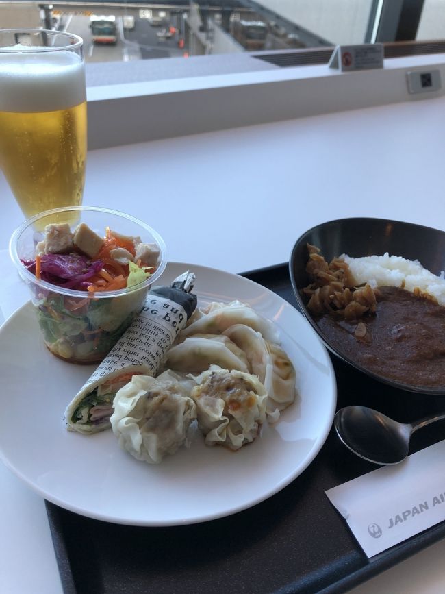 結構キレイに盛れた！<br />シュウマイが肉肉しくて美味しかった。<br />ご飯のラインナップは、これ以外はパンとスープがあったくらいで、意外と少ないな～と。<br />でも無料のサービスだし、普通はこのあと機内食食べるんだもんね。十分か。<br />噂通り、カレーはお肉ゴロゴロで美味しかった！