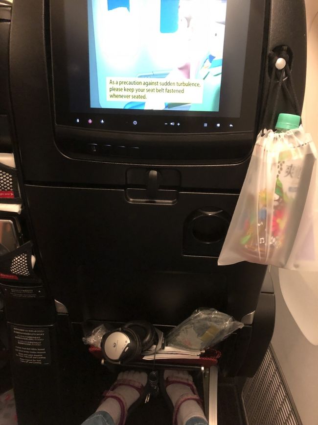 そんなこんなで時間持て余しつつ、いよいよ搭乗！<br />今までいつも3人がけの真ん中で隣に知らない人がいたから、もう窓際に座れるだけで超ハッピー‼︎<br />エコノミーより心持ち前広いし、アメニティもちょっとだけ豪華！<br /><br />画面も若干大きくて映画見やすそうだけど、行きは寝ることに集中したいので機内食もお断りしてとにかく寝る‼︎<br />ちょっと広いからか、いつもよりぐっすり寝れました！