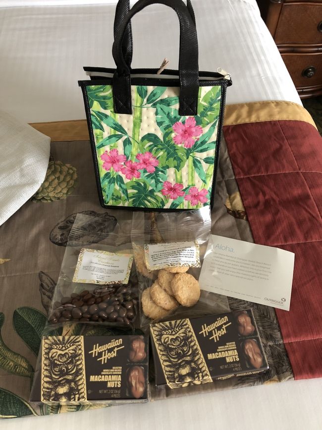 去年も貰った、ホテルからのプレゼント。<br />ハワイに初めて来たか、ホテルのリピーターなら貰えるやつ。<br />去年よりお菓子の種類は減ったけど、マカダミアチョコが2つも入ってる！保冷バッグも超可愛い‼︎