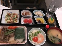 朝食がおいしかったので、昼食も和食にしました。
ウザクのきゅうりは種の中心部分を取り除いており、丁寧な仕事！
トマトも皮むきしてあり、おいしい甘酢漬け。
エミレーツドバイからの便でこんなにおいしい和食に出会えて感激です。

羽田空港では、荷物がなかなか出てこなくて、ラストバスに乗れるかヒヤヒヤ・・・これを逃すと、タクシー代が諭吉さんオーバー！ダッシューでかけ乗りました。