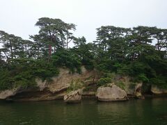 《福浦島》に近づいてきました。岩の上に木々が生い茂っています。