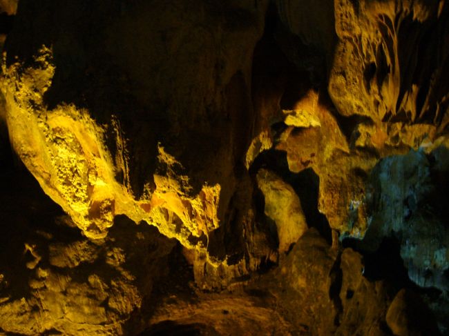 ライトアップのせいでしょうか。<br />鍾乳洞がエイリアンに見えます。